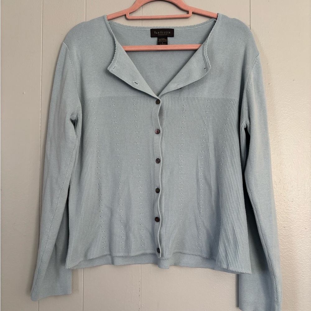 Van Heusen Light Blue Ribbed Cardigan Button Front Y2K Minimalist Knit Top